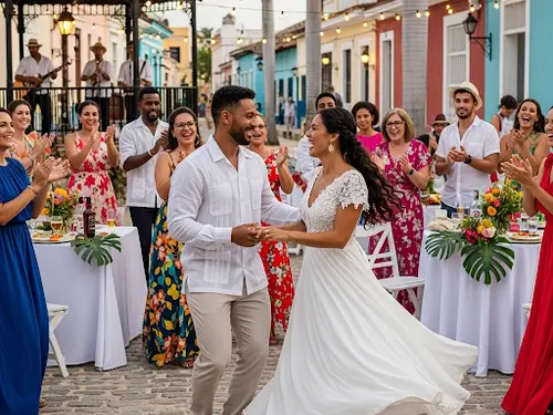 Baile festivo en recepción de boda al aire libre en Cuba