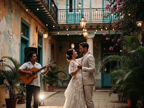 Música íntima para baile de bodas en patio colonial de Cuba