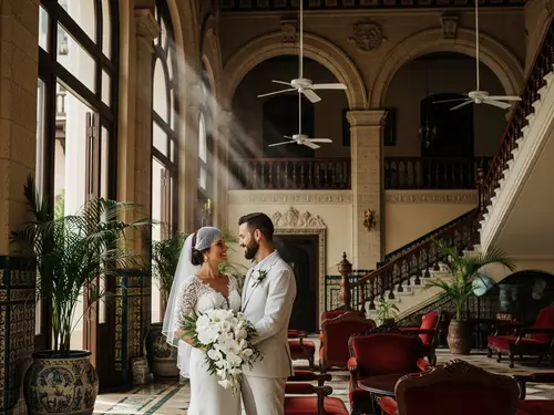 Boda elegante en lobby de hotel colonial en Cuba