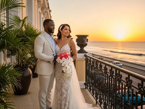 Boda en balcón con vistas al mar en Cuba al atardecer