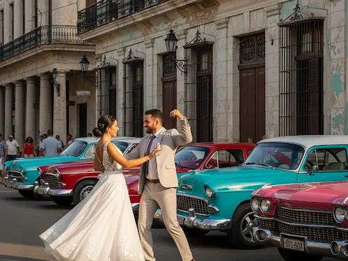 Baile de bodas en calles vibrantes de La Habana, Cuba