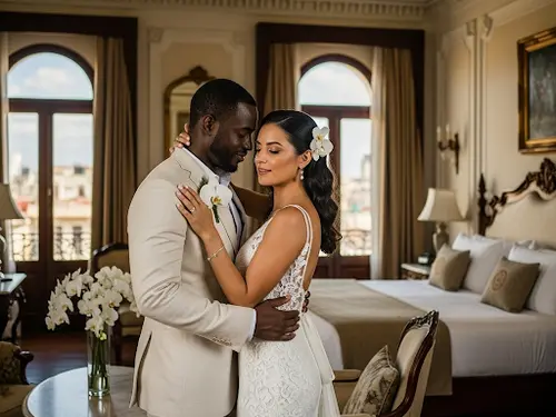 Momentos íntimos de boda en suite de hotel de lujo en Cuba