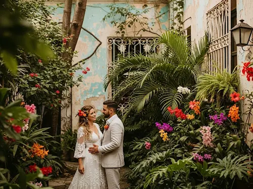 Boda en jardín colonial vibrante de Cuba