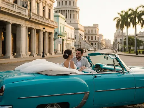Sesión de fotos de boda con autos clásicos en Cuba