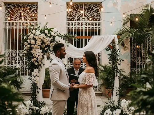Ceremonia íntima de bodas en patio colonial cubano en Cuba